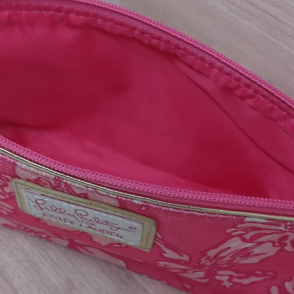 Lilly Pulitzer & Estee Lauder Pink Floral Cosmetic Makeup Bag with Gold Trim - Picture 12 of 12